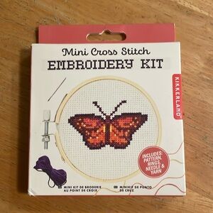Kikkerland Mini Cross Stitch Embroidery Kit Orange Butterfly w/ Bamboo Hoop